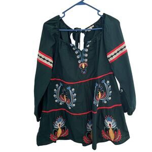 Anthropologie Let Me Be Tunic Dress Large Green Floral Embroidered Boho Artisan